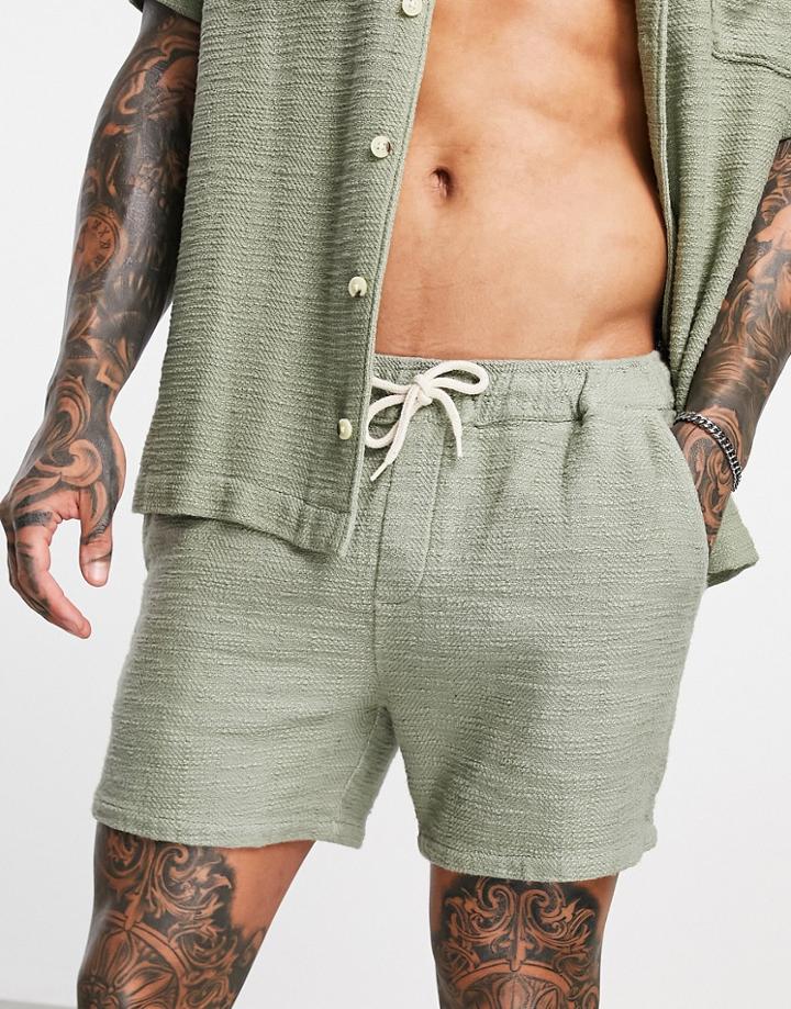 Asos Design Slim Shorts In Light Green Natural Look Textured Fabrics - Part Of A Set