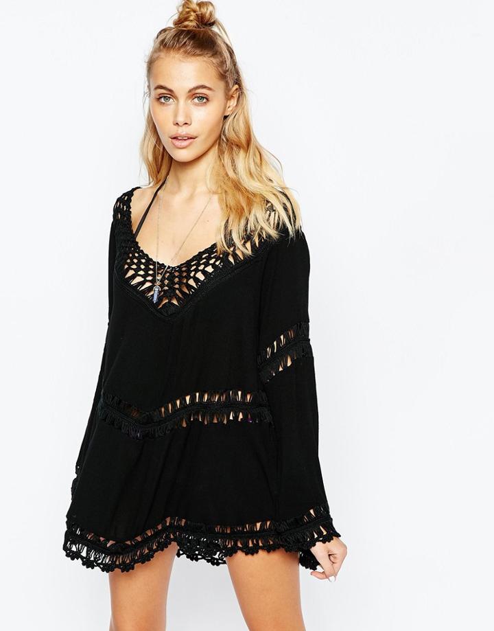 Surf Gypsy Crochet Insert V Hem Beach Top - Black