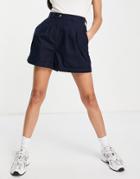 Asos Design Pleated Front Linen Wide Leg Shorts In Navy