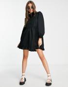 Miss Selfridge Ruffle Hem Poplin Mini Smock Dress In Black