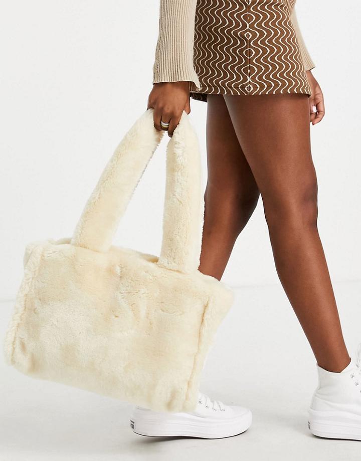 Asos Design Faux Fur Tote Bag In Cream-neutral