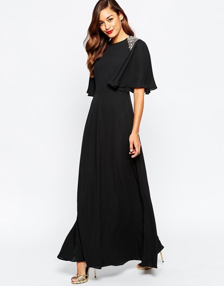 Asos Embellished Shoulder Flutter Sleeve Maxi Dress - Black