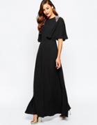 Asos Embellished Shoulder Flutter Sleeve Maxi Dress - Black