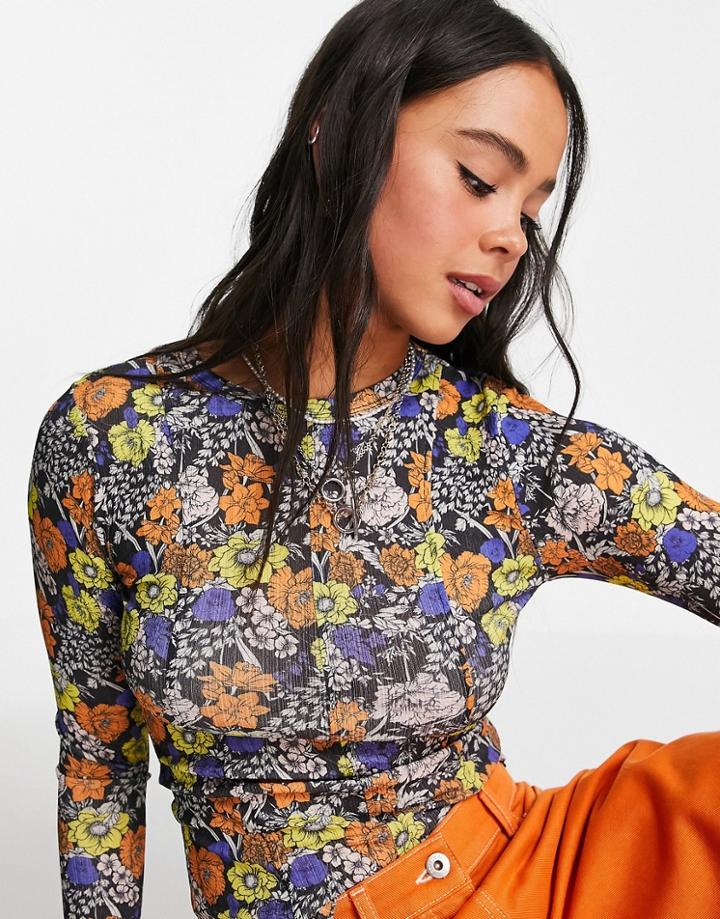 Topshop Floral Jersey Mesh Long Sleeve Top In Multi