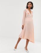 Asos Design Embroidered Wrap Midi Dress-pink