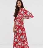 Brave Soul Tall Kea Midi Wrap Dress In Bold Floral Print - Red