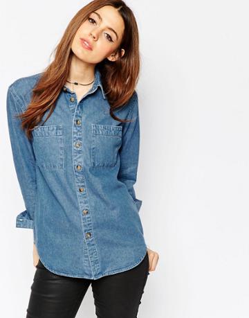 Asos Denim Shirt In Marlin Retro Blue Wash - Midwash Blue