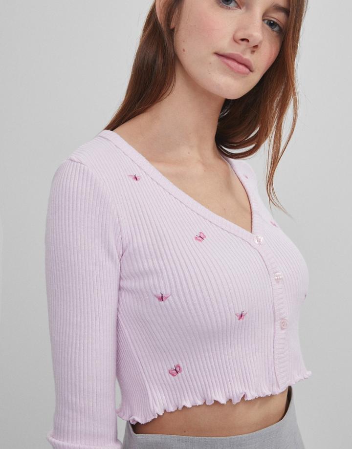 Bershka Cropped Jersey Cardigan With Flower Embroidery In Pink