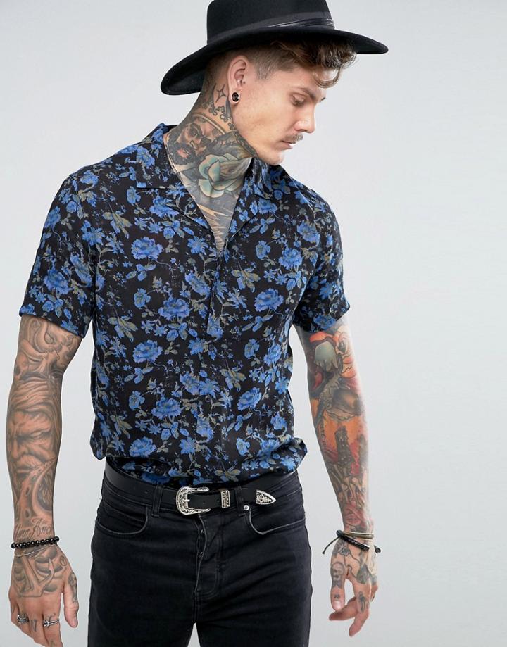 Asos Oversized Viscose Crinkle Floral Shirt - Black
