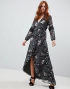 Hope & Ivy Long Sleeve Wrap Front Maxi Dress In Floral Print - Multi