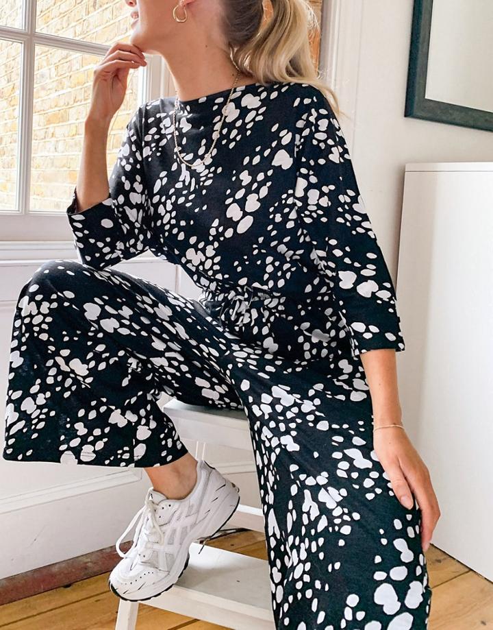 Asos Design Jersey Slub Tie Waist Casual Jumpsuit In Irregular Mono Animal-multi