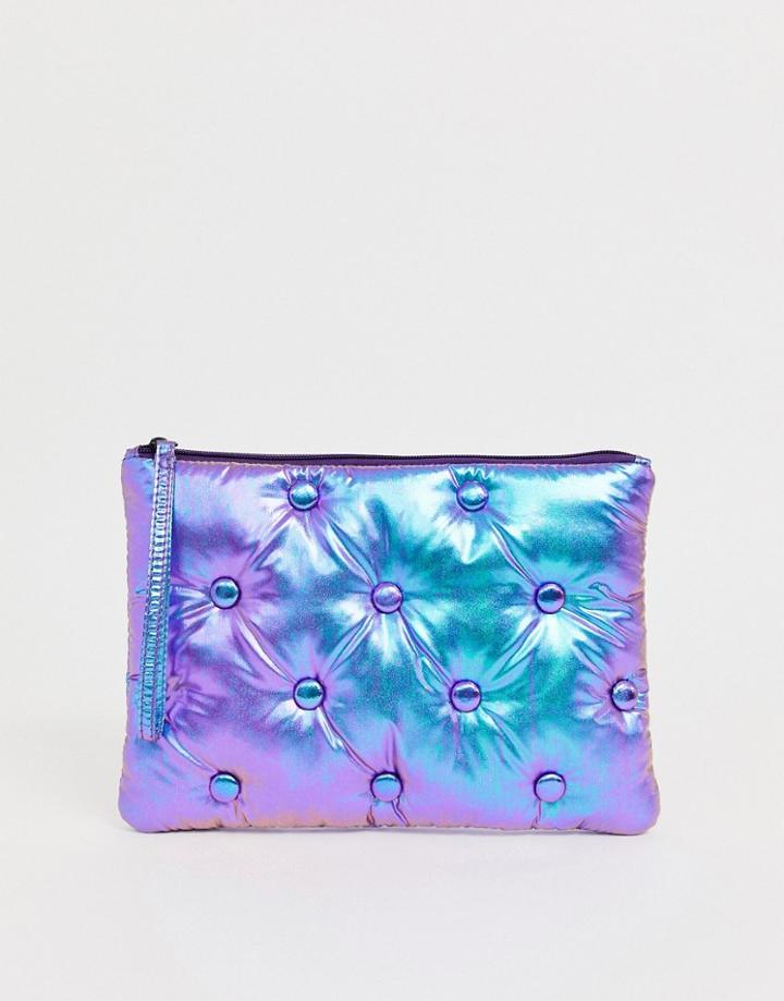Asos Design Padded Quilted Clutch In Holographic-purple