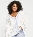 River Island Plus Embroidered Cable Knit Cardigan In Cream-white