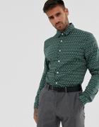 Asos Design Stretch Slim Smart Work Shirt With Diamond Ditsy Print In Green - Green