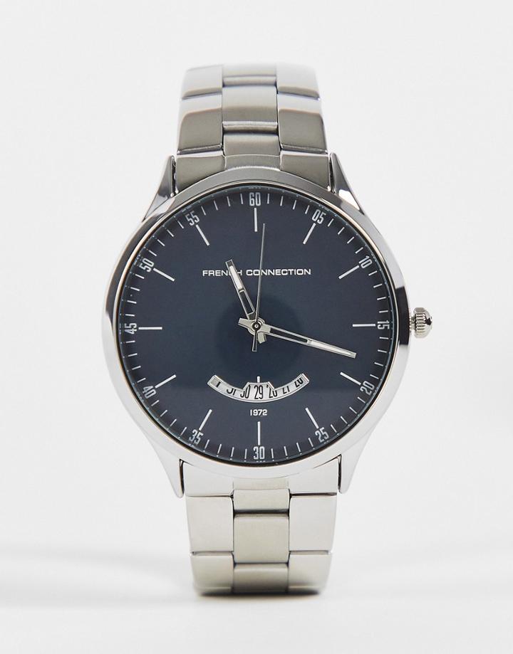 French Connection Chain Link Strap Watch In Silver And Navy