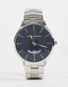 French Connection Chain Link Strap Watch In Silver And Navy