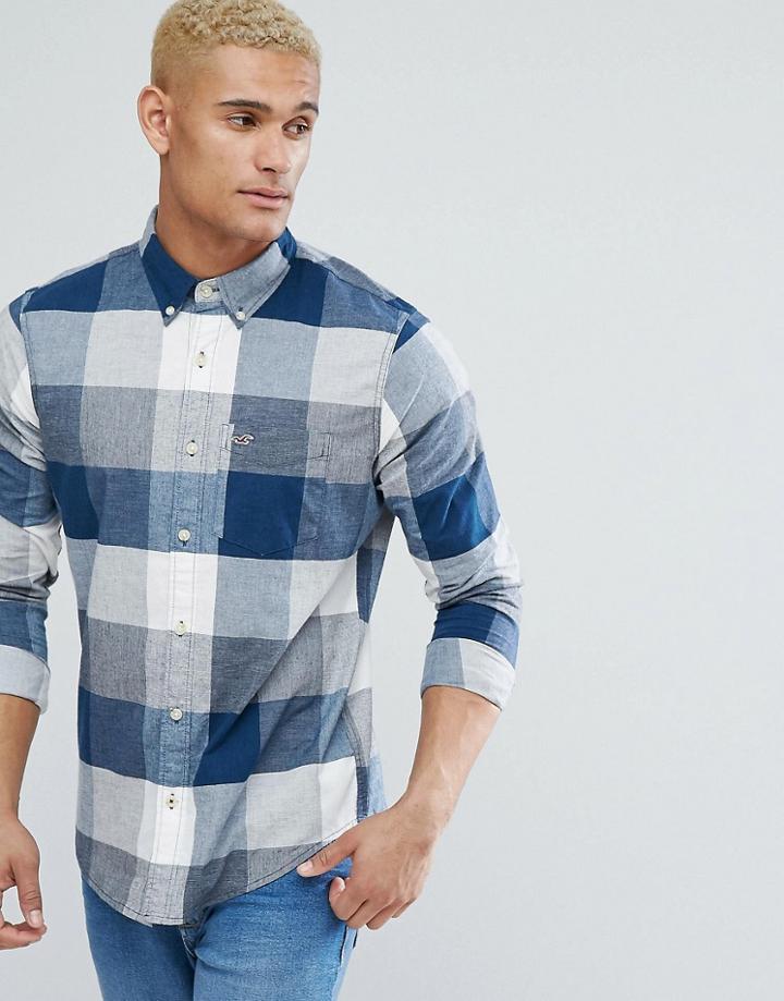 Hollister Logo Pocket Wide Check Slim Fit Shirt In Blue And Cream - Gray