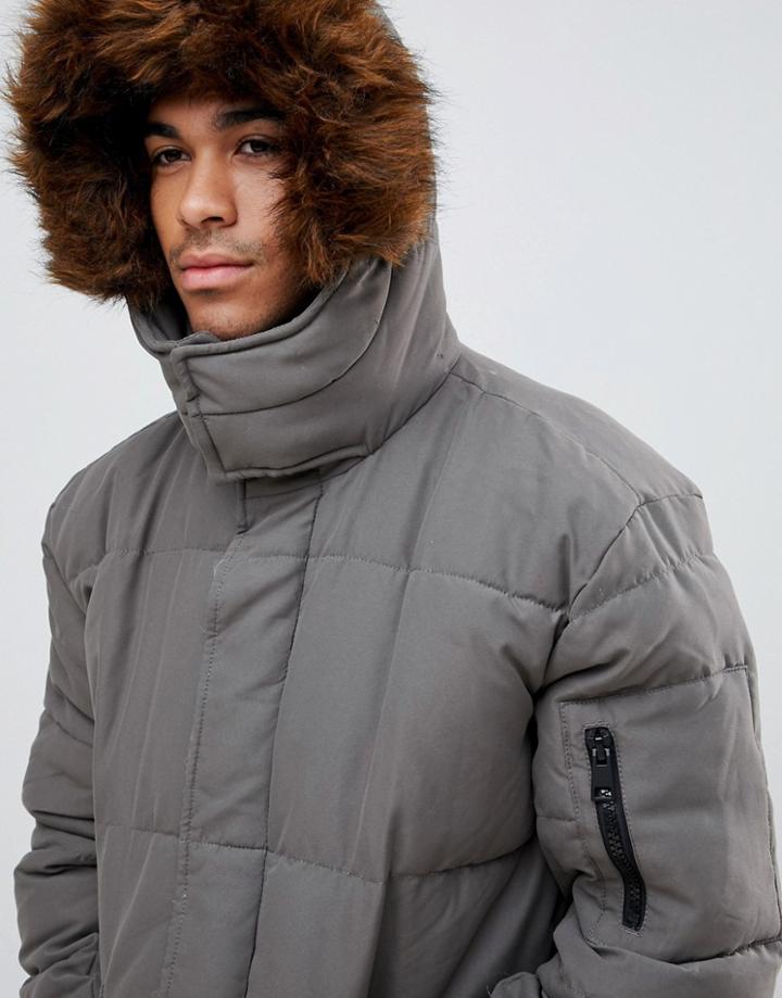 River Island Longline Parka Jacket In Gray-green