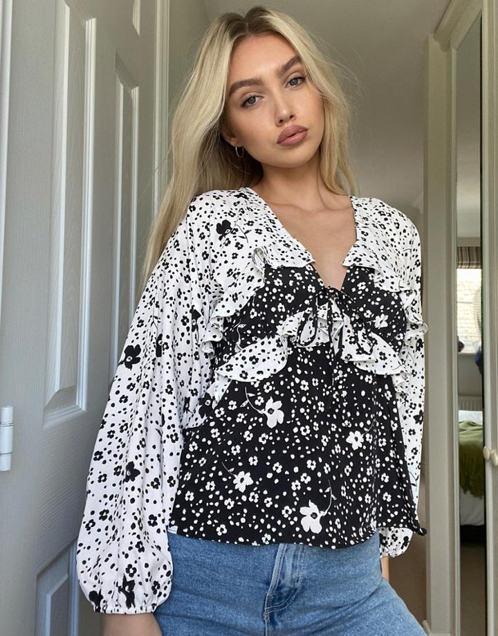 Asos Design Long Sleeve Ruffle Blouse In Mixed Floral Print-multi