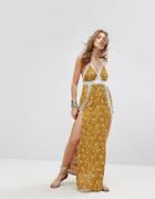 Kiss The Sky Cami Maxi Dress With Lace Ladder Inserts In Vintage Floral - Yellow