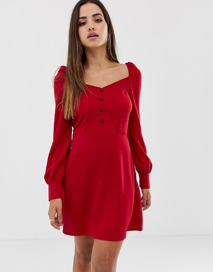 Prettylittlething Square Neck Balloon Sleeve Skater Mini Dress In Red - Red
