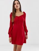 Prettylittlething Square Neck Balloon Sleeve Skater Mini Dress In Red - Red