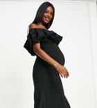 Club L London Maternity Extreme Ruffle Detail Maxi Dress With Thigh Split In Black