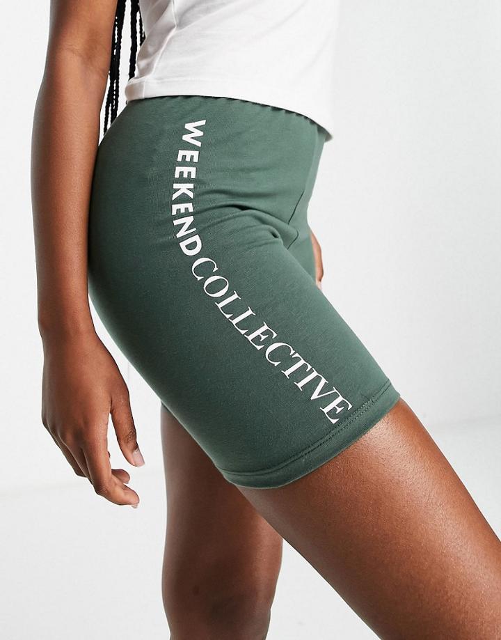 Asos Weekend Collective Legging Short With Logo In Khaki-green