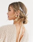 Asos Design Back Headband In Crystal Occasion Leaf Design In Silver Tone