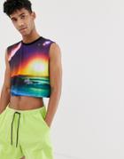 Asos Design Relaxed Cropped Tank With Sunset Scene - Black