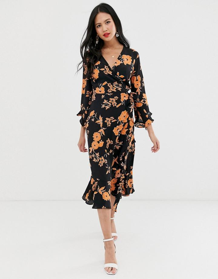 Miss Selfridge Midi Wrap Dress In Floral Print-black