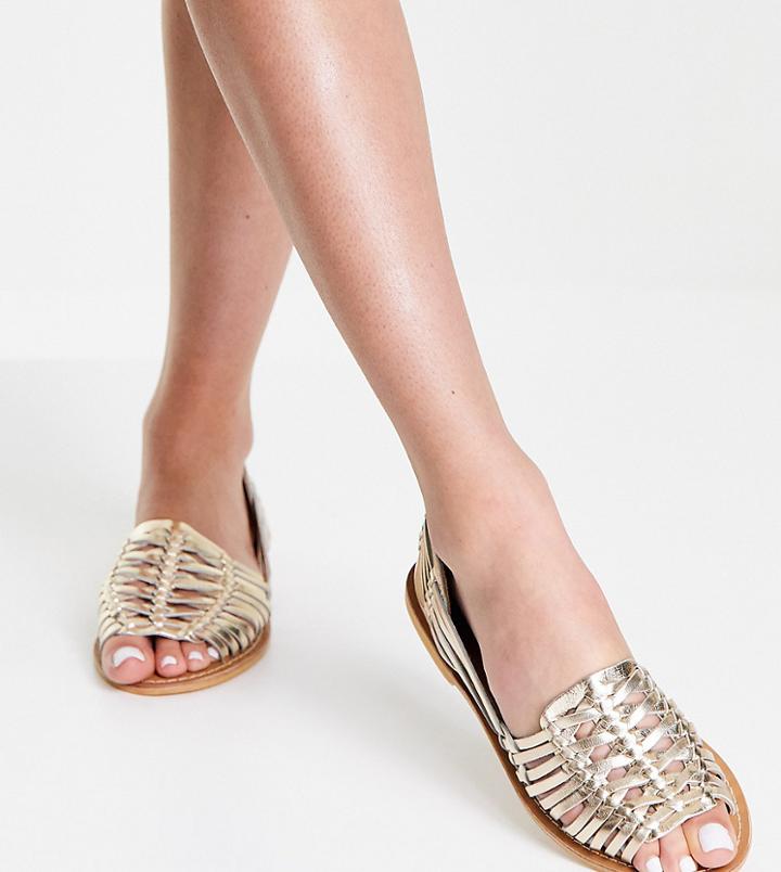 Asos Design Wide Fit Florentine Woven Leather Sandals In Gold