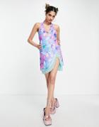 Elsie & Fred Halter Neck Mini Dress With Layered Flippy Thigh Slit In Retro Butterfly Print-blue