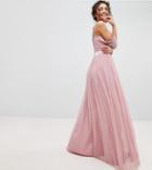 Maya Tall Cold Shoulder Sequin Detail Tulle Maxi Dress With Ruffle Detail - Pink