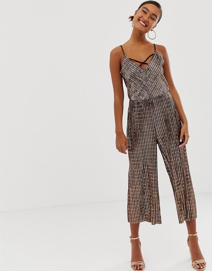 Miss Selfridge Wide Leg Jumpsuit In Bronze Sequin - Copper