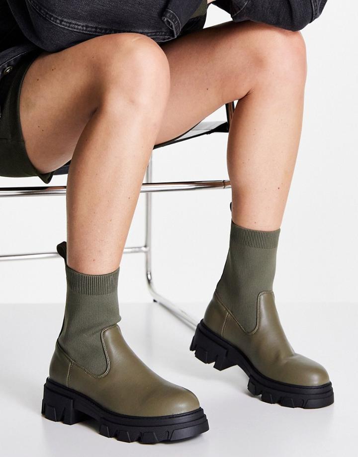 London Rebel Chunky Knitted Pull On Ankle Boots In Khaki-green