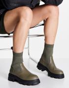 London Rebel Chunky Knitted Pull On Ankle Boots In Khaki-green