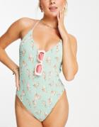 Topshop Shirred Floral One-piece Swimsuit In Sage-green