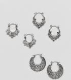 Asos Design Pack Of 3 Cut Out And Engraved Hoop Earrings - Silver