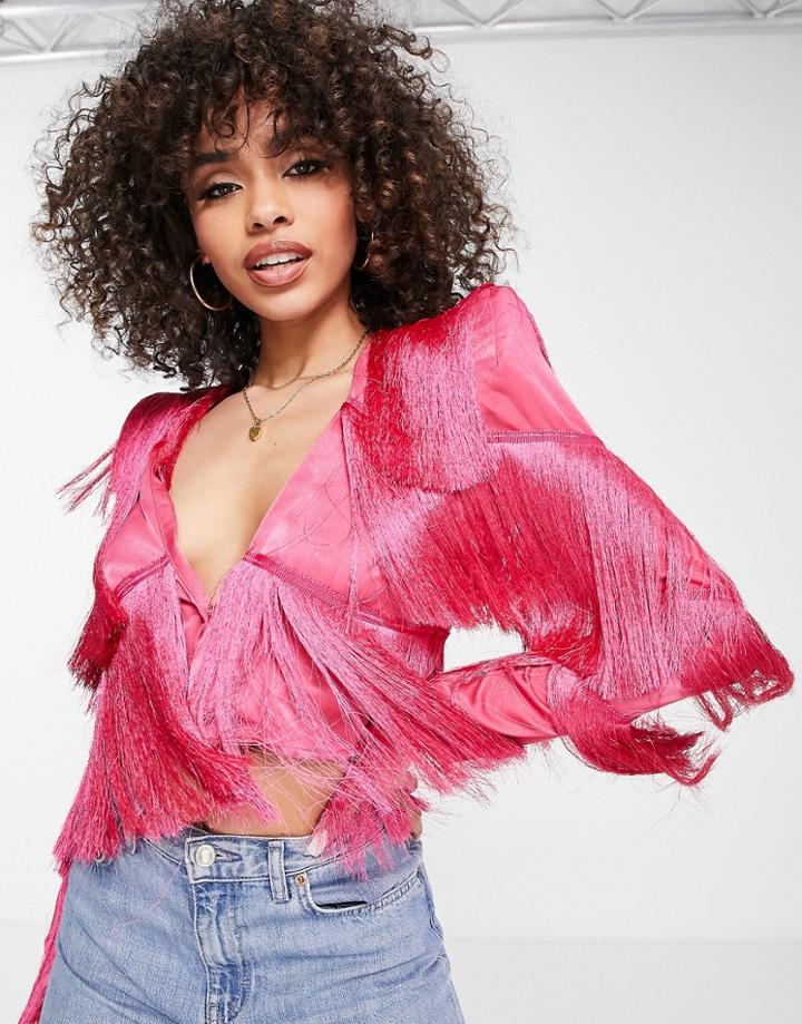 Asos Luxe Fringed Top With Shoulder Pads In Hot Pink