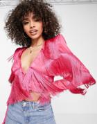 Asos Luxe Fringed Top With Shoulder Pads In Hot Pink