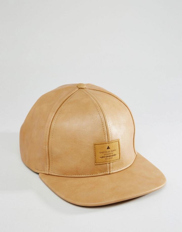 Asos Snapback Cap In Tan Faux Leather - Tan