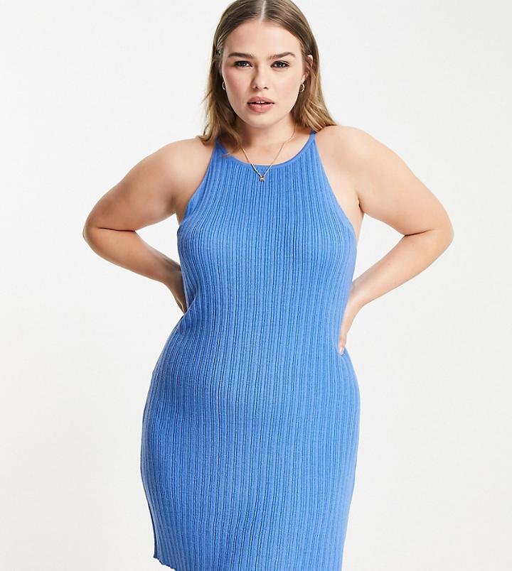 Asos Design Curve Knitted Halter Mini Dress In Rib In Blue