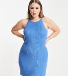 Asos Design Curve Knitted Halter Mini Dress In Rib In Blue