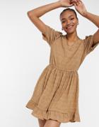 Vila Smock Dress With Puff Sleeves In Textured Camel-brown