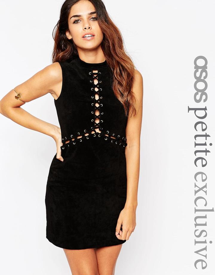 Asos Petite Suede Dress With Lace Up And Eyelet Detail - Black