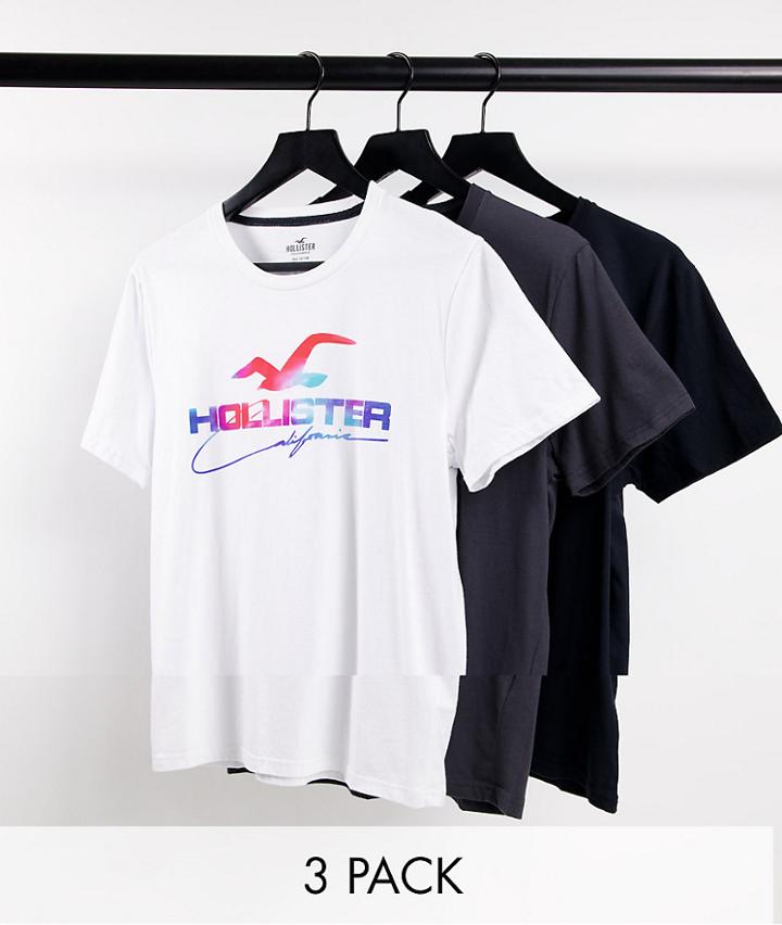 Hollister 3 Pack Ombre Logo T-shirt In White/gray/black-multi