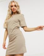 Asos Design Padded Shoulder Short Sleeve Mini T-shirt Dress In Mocha-brown