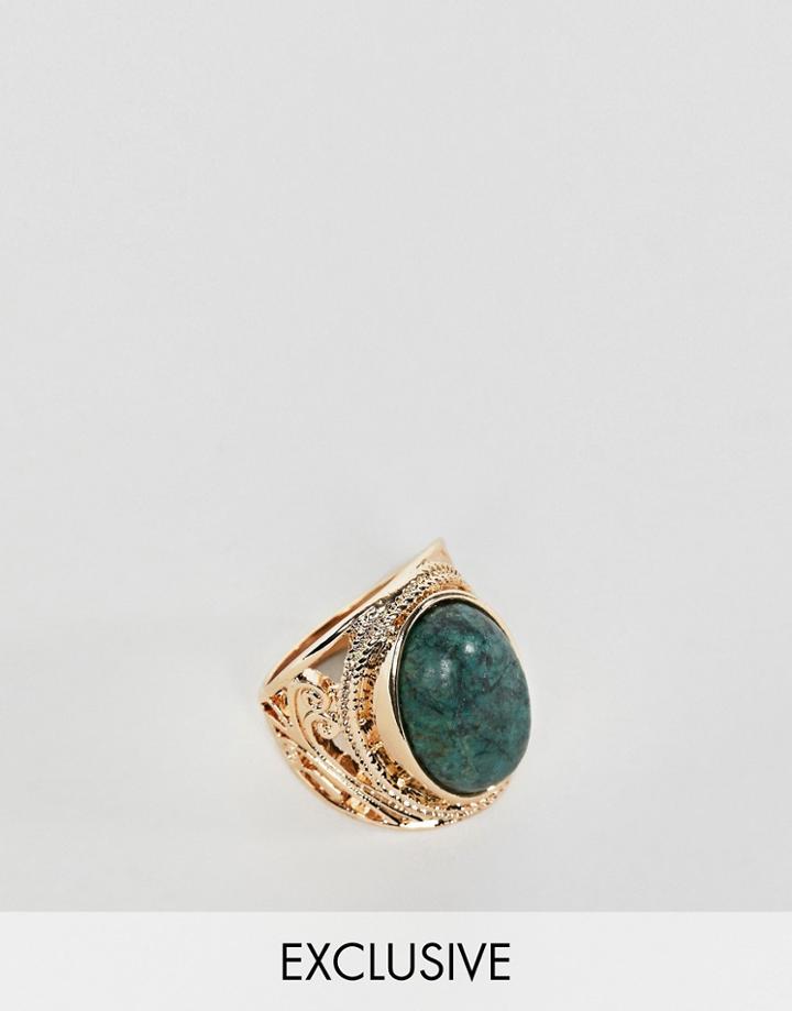 Reclaimed Vintage Inspired Engraved Stone Ring - Gold