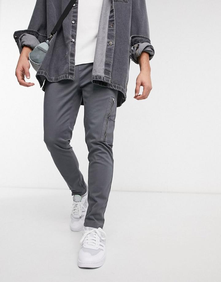 Asos Design Slim Pants With Ma1 Pocket In Charcoal-grey